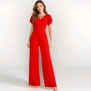 NWT Boutique Made in Italy Women's Red Jersey knit V-Neck Wide Leg Jumpsuit OS